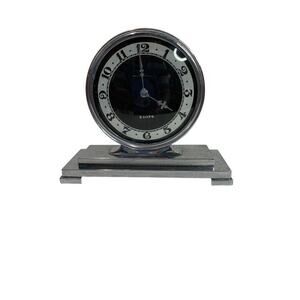 Vintage 1950s Germany Table Clock 8 Day Gesetzlich Geschutzt Silvertone Black